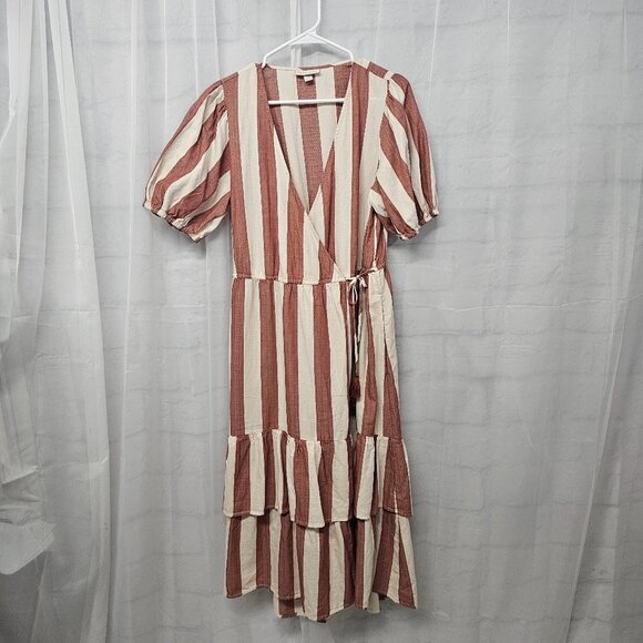 Knox Rose Red Cream Striped Wrap Midi Dress Cottagecore Boho Peasant M - Picture 7 of 11